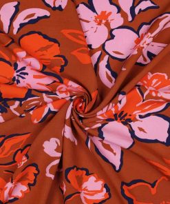 Viskose Stoff – Blumen Rosa / Orange / Zimt