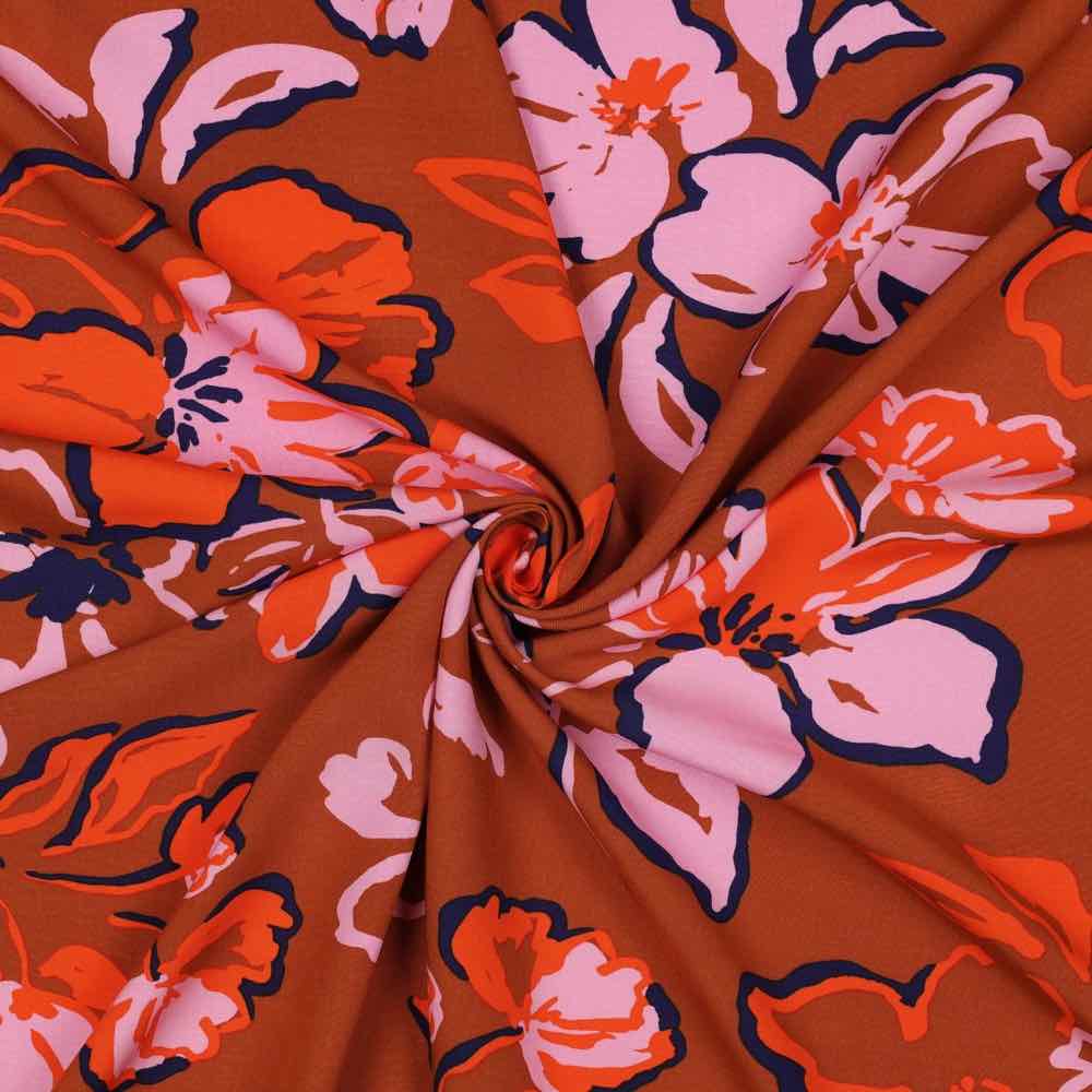 Viskose Stoff – Blumen Rosa / Orange / Zimt – Bild 2