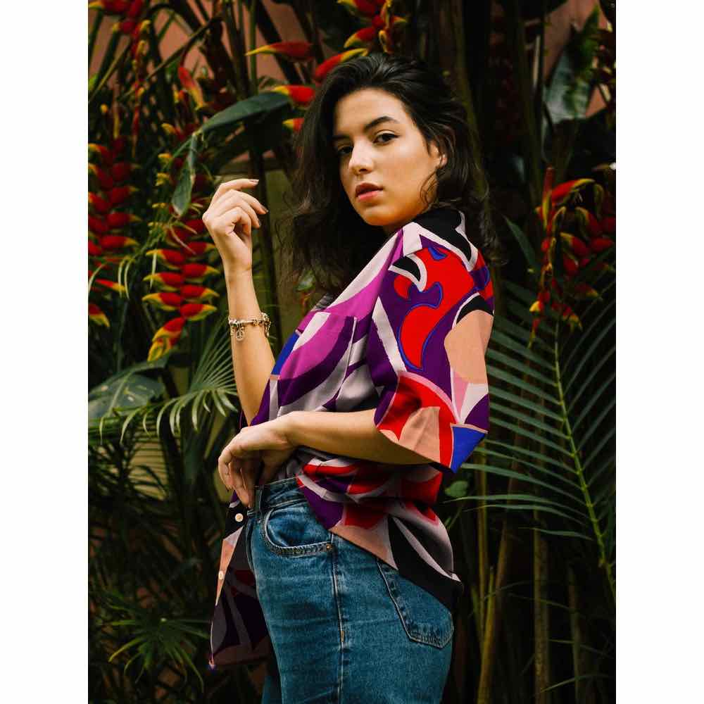 Leichter Viskose Stretch, abstrakte Musterung Rot / Lila / Blau – Bild 4