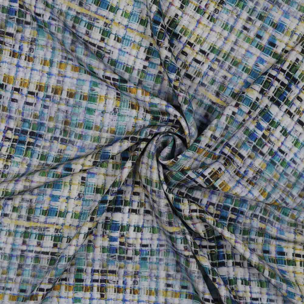 Viskose, Bouclemusterung Blau / Senf / Grün