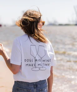 Lieblingspfote – T-Shirt „DOGS AND WINE MAKE ME FINE T-Shirt“, weiß, 100 % Bio-Baumwolle (M, L)