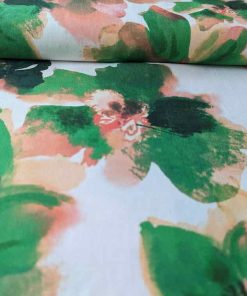 Viskose Leinen Mischung, Florale Musterung Grasgrün / Koralle