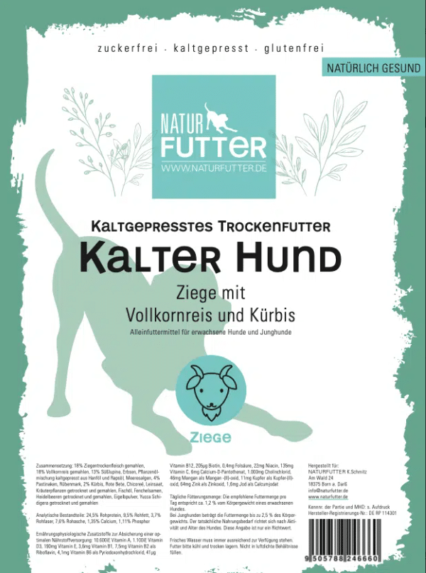 Naturfutter Kalter Hund, Ziege mit Vollkornreis & Kürbis, kaltgepresstes Trockenfutter hoher Fleischanteil, monoprotein, ohne Getreide & ohne Zucker, produziert mit Strom aus eigener Wasserkraft (100g, 1kg, 5kg) – Bild 7
