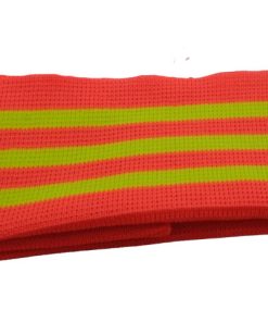 Strickbündchen, gefaltete Collegebündchen in Neon Koralle mit 3 Neon gelben Streifen, 135 cm