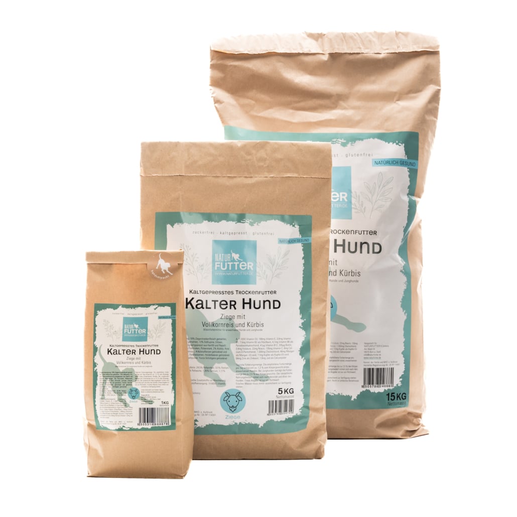 Naturfutter Kalter Hund, Ziege mit Vollkornreis & Kürbis, kaltgepresstes Trockenfutter hoher Fleischanteil, monoprotein, ohne Getreide & ohne Zucker, produziert mit Strom aus eigener Wasserkraft (100g, 1kg, 5kg) – Bild 2