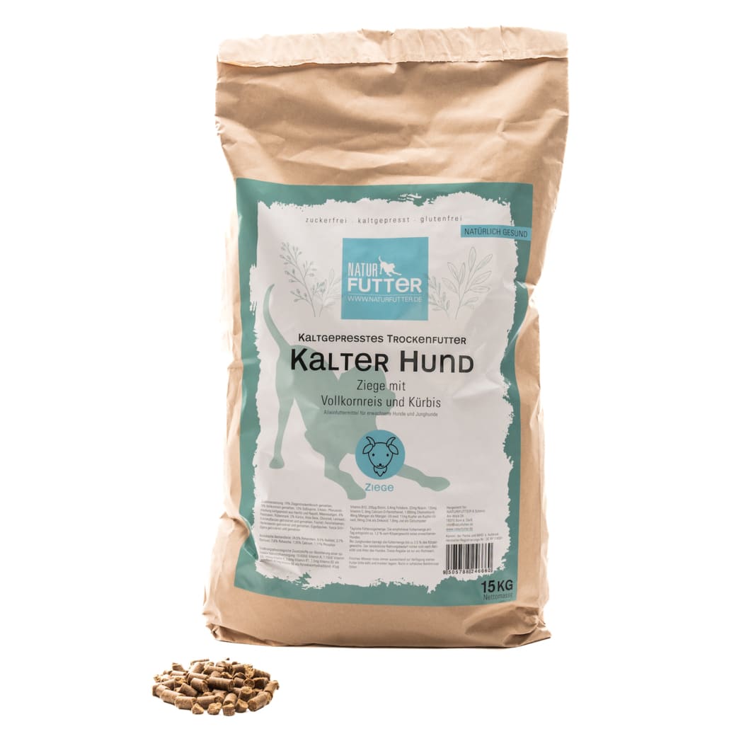 Naturfutter Kalter Hund, Ziege mit Vollkornreis & Kürbis, kaltgepresstes Trockenfutter hoher Fleischanteil, monoprotein, ohne Getreide & ohne Zucker, produziert mit Strom aus eigener Wasserkraft (100g, 1kg, 5kg) – Bild 5