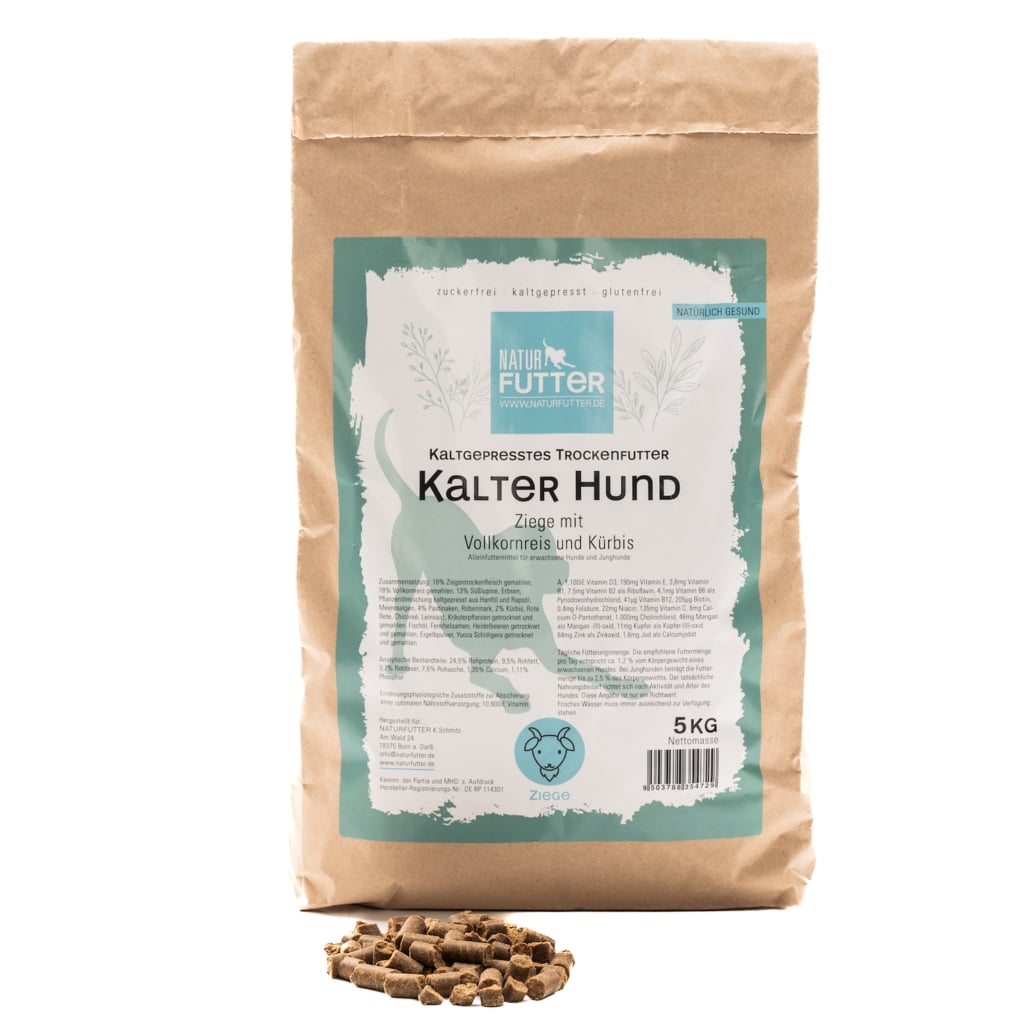 Naturfutter Kalter Hund, Ziege mit Vollkornreis & Kürbis, kaltgepresstes Trockenfutter hoher Fleischanteil, monoprotein, ohne Getreide & ohne Zucker, produziert mit Strom aus eigener Wasserkraft (100g, 1kg, 5kg) – Bild 4