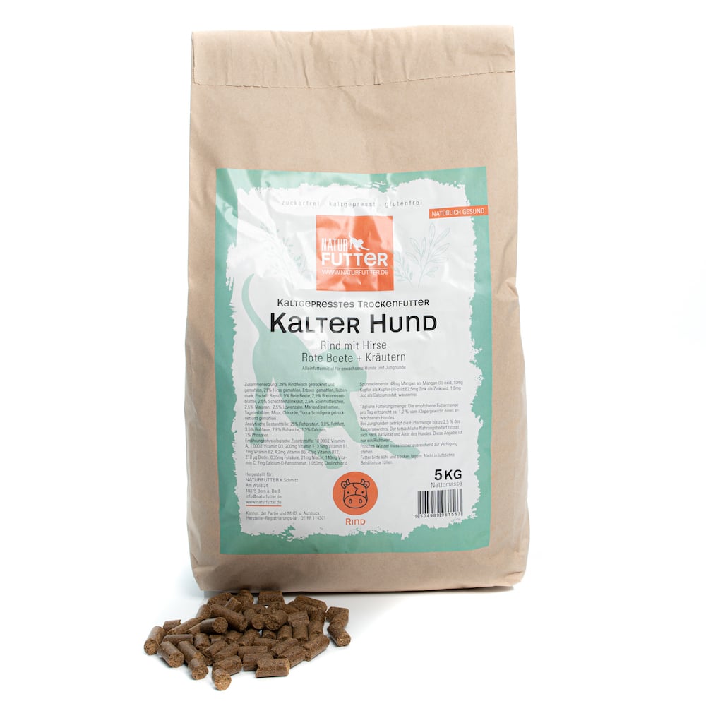 Naturfutter Kalter Hund, Rind & Hirse, kaltgepresstes Trockenfutter hoher Fleischanteil, monoprotein, ohne Getreide & ohne Zucker, produziert mit Strom aus eigener Wasserkraft (100g, 1kg, 5kg, 15kg) – Bild 4
