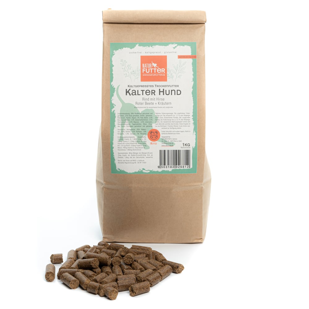 Naturfutter Kalter Hund, Rind & Hirse, kaltgepresstes Trockenfutter hoher Fleischanteil, monoprotein, ohne Getreide & ohne Zucker, produziert mit Strom aus eigener Wasserkraft (100g, 1kg, 5kg, 15kg) – Bild 6