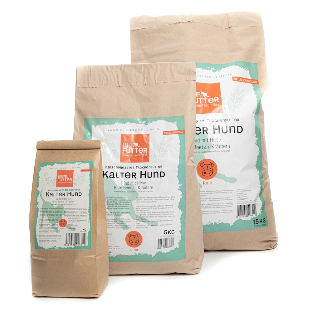 Naturfutter Kalter Hund, Rind & Hirse, kaltgepresstes Trockenfutter hoher Fleischanteil, monoprotein, ohne Getreide & ohne Zucker, produziert mit Strom aus eigener Wasserkraft (100g, 1kg, 5kg, 15kg) – Bild 2