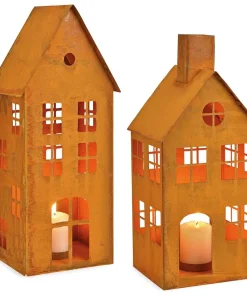 Häuser mit Fenstern Windlichter Metall Laternen Rostoptik 1 Stk in 2 Größen