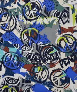 French Terry, Sommersweat, Peace Zeichen, Blau / Grau