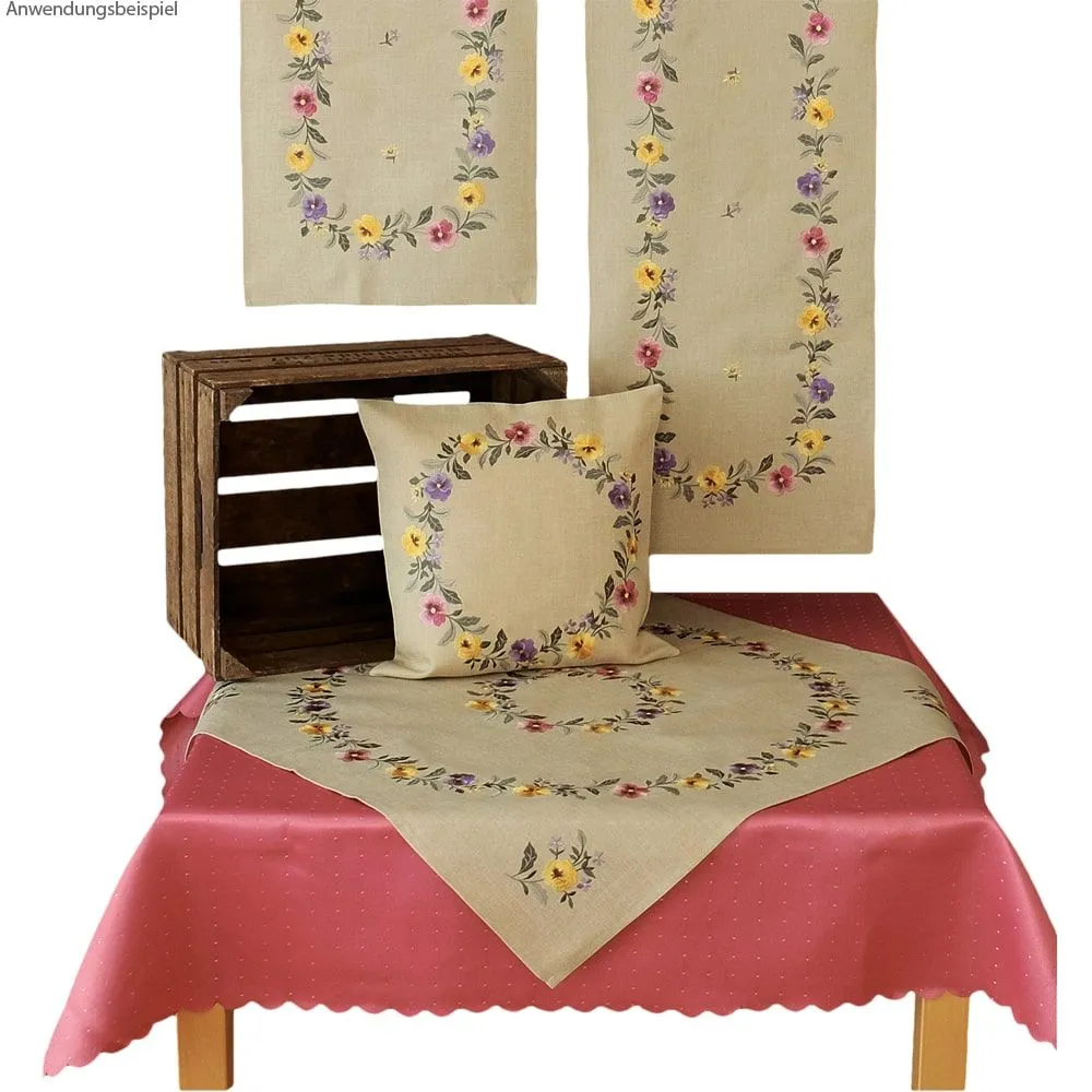 Kissenbezug Kissenhülle Stiefmütterchen Blumen beige Stick bunt 1 Stk 40×40 cm – Bild 3