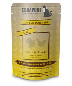 Escapure, feinstes Katzen-Nassfutter aus Pute und Huhn mit Katzengamander und Leinöl im praktischen Pouch