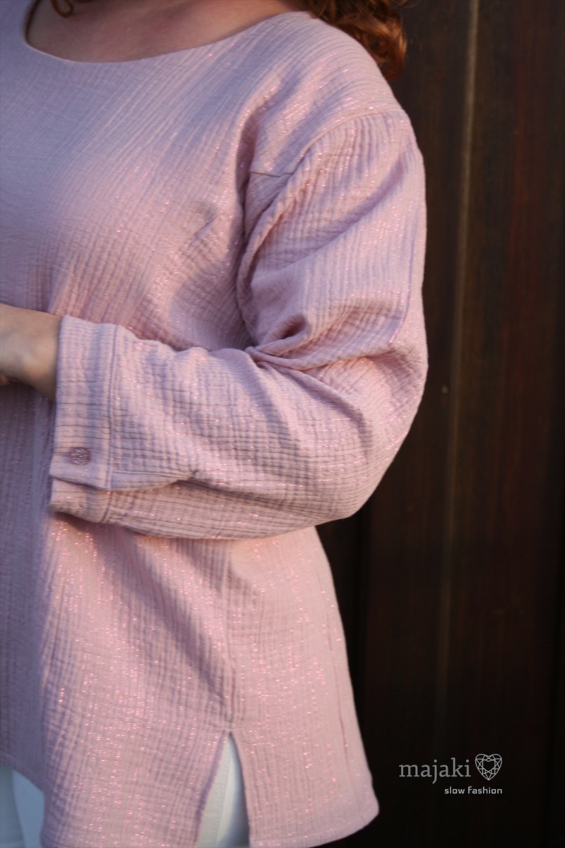 Gauze, Musselin – Double Gauze, Senf mit feinen Glitzer Streifen – Bild 3