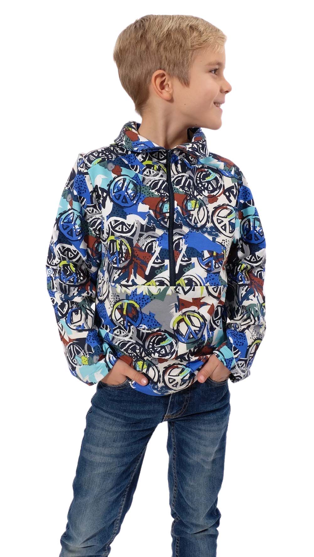 French Terry, Sommersweat, Peace Zeichen, Blau / Grau – Bild 4