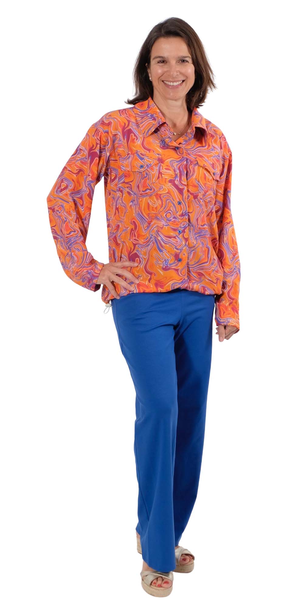 Viskosestoff mit Marmorierung in Orange / Royalblau – Bild 5