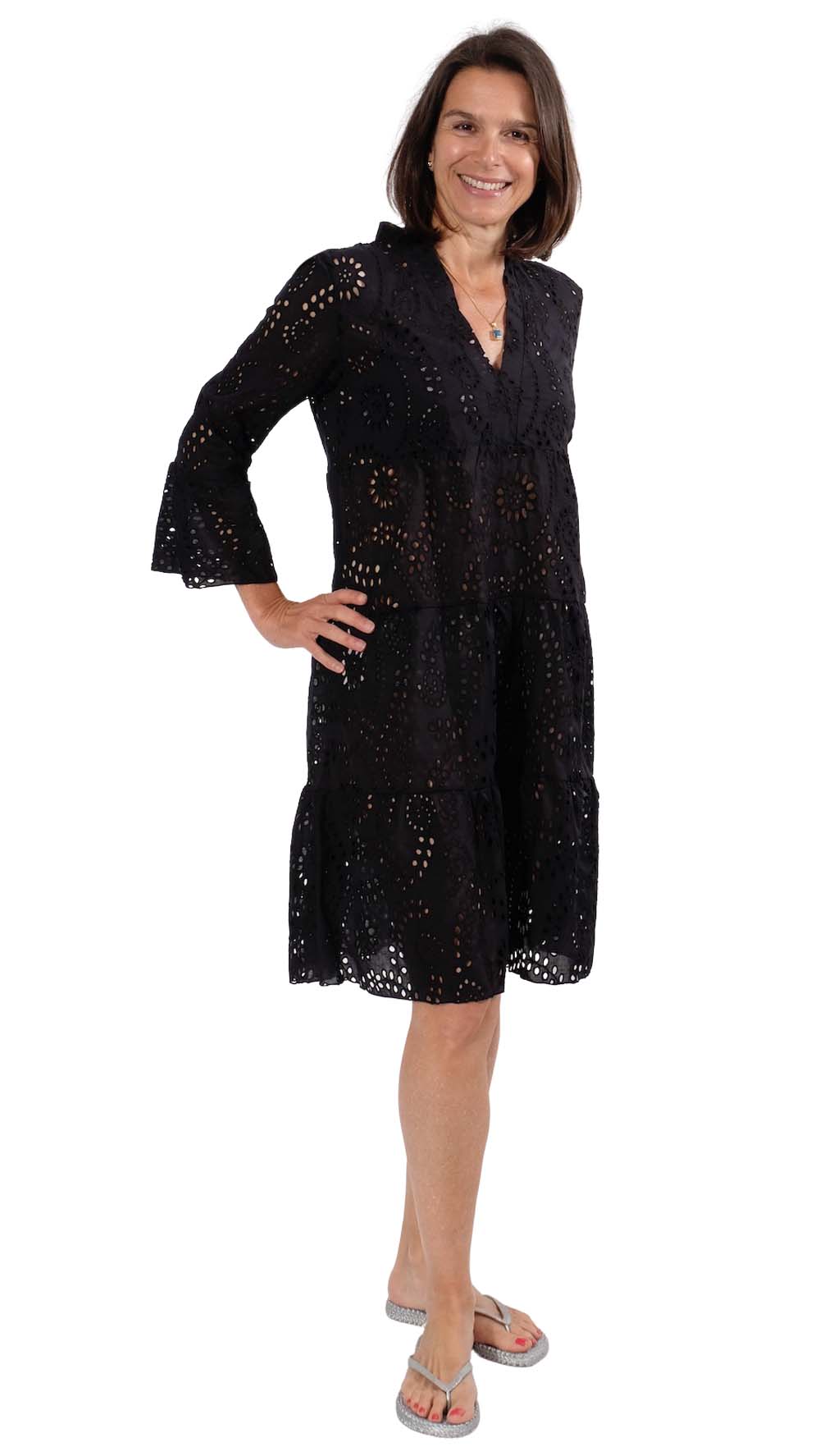 Baumwollstoff mit großer Lochstickerei, unifarben Pink – Bild 4