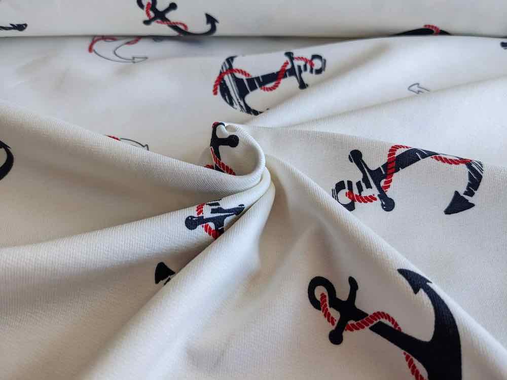 French Terry, Sweatshirtstoff, große blaue Anker auf Weiß – Bild 2