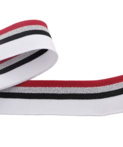 1 Strickbündchen, schmales Collegebündchen in Weiß mit Streifen in Rot/Schwarz/Silber, 115 x 3 cm