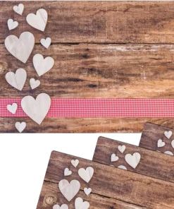 Tischsets Platzsets MOTIV Landhaus Herzen Karoband rot & Holz 4 Stk Abwaschbar