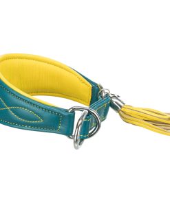 Echtleder Windhundhalsband mit Zug-Stopp (S-M), petrol/gelb