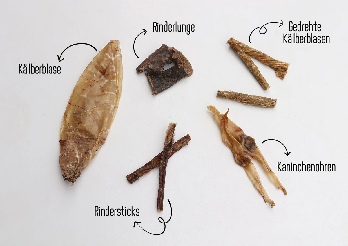 Welpen-Starterpaket: Kälberblasen, Rindersticks, Rinderlungen, Kaninchenohren (verschiedene weichere Snacks)