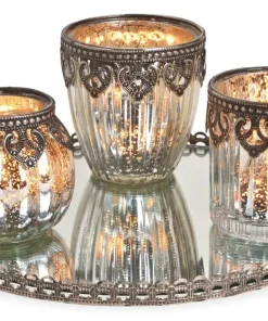 Windlichter 3er Set auf Glastablett Orient Design silber 4-tlg Glas & Metallrand