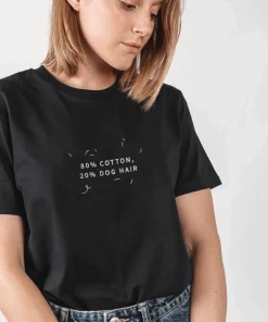 T-Shirt für Hundeliebhaber, Stickerei „80% cotton, 20% dog’s hair“, schwarz, 100% Bio-Baumwolle (XS, M)