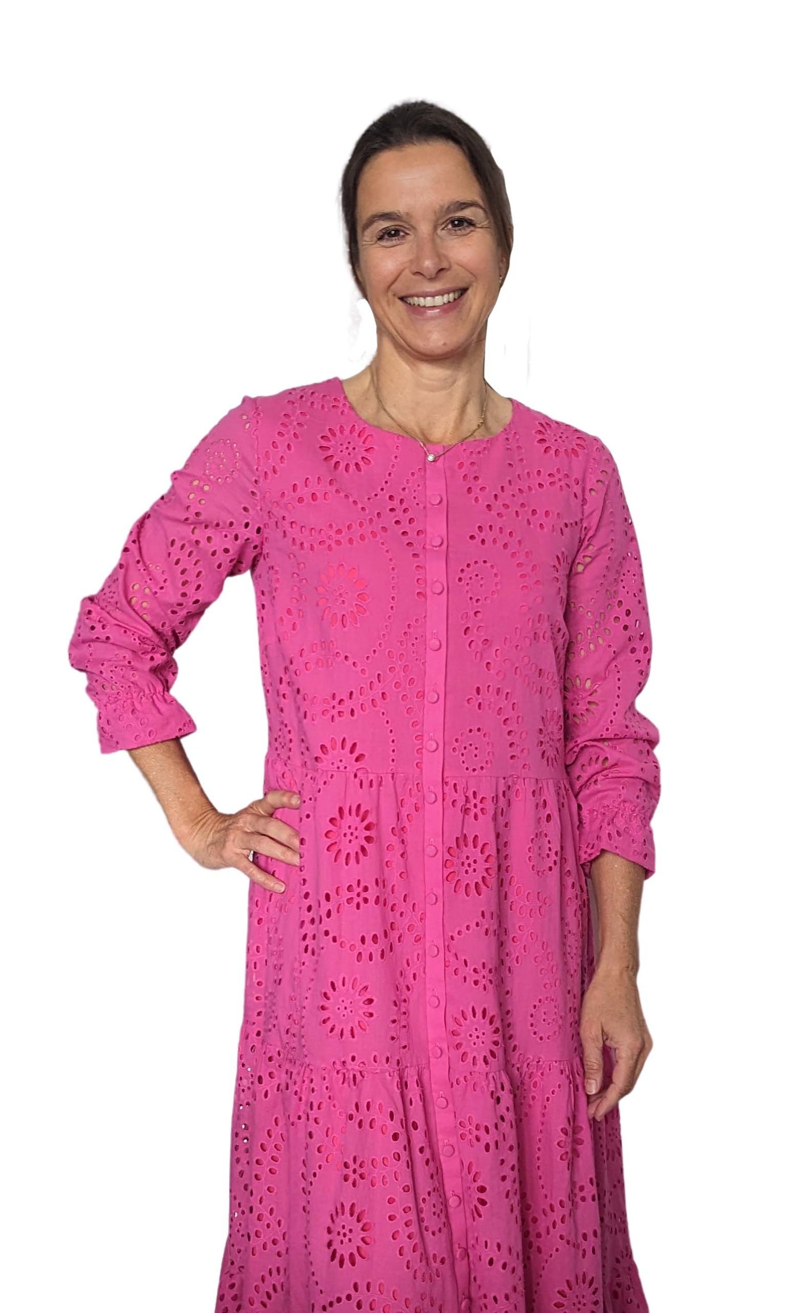 Baumwollstoff mit großer Lochstickerei, unifarben Pink – Bild 6